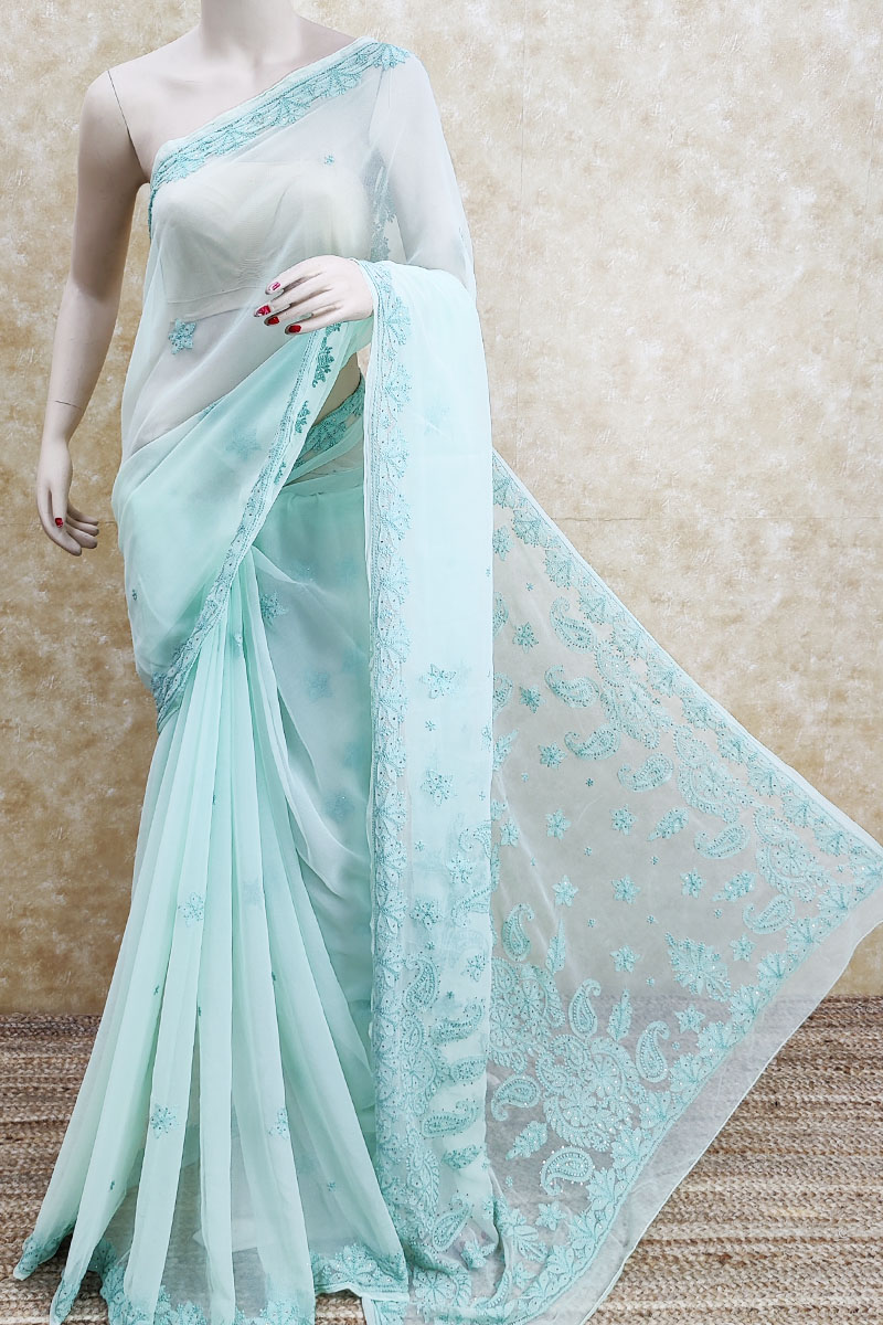 Mint Green Color With Mukaish Work Hand Embroidered Work Lucknowi Chikankari Saree (With Blouse - georgette) MC251778